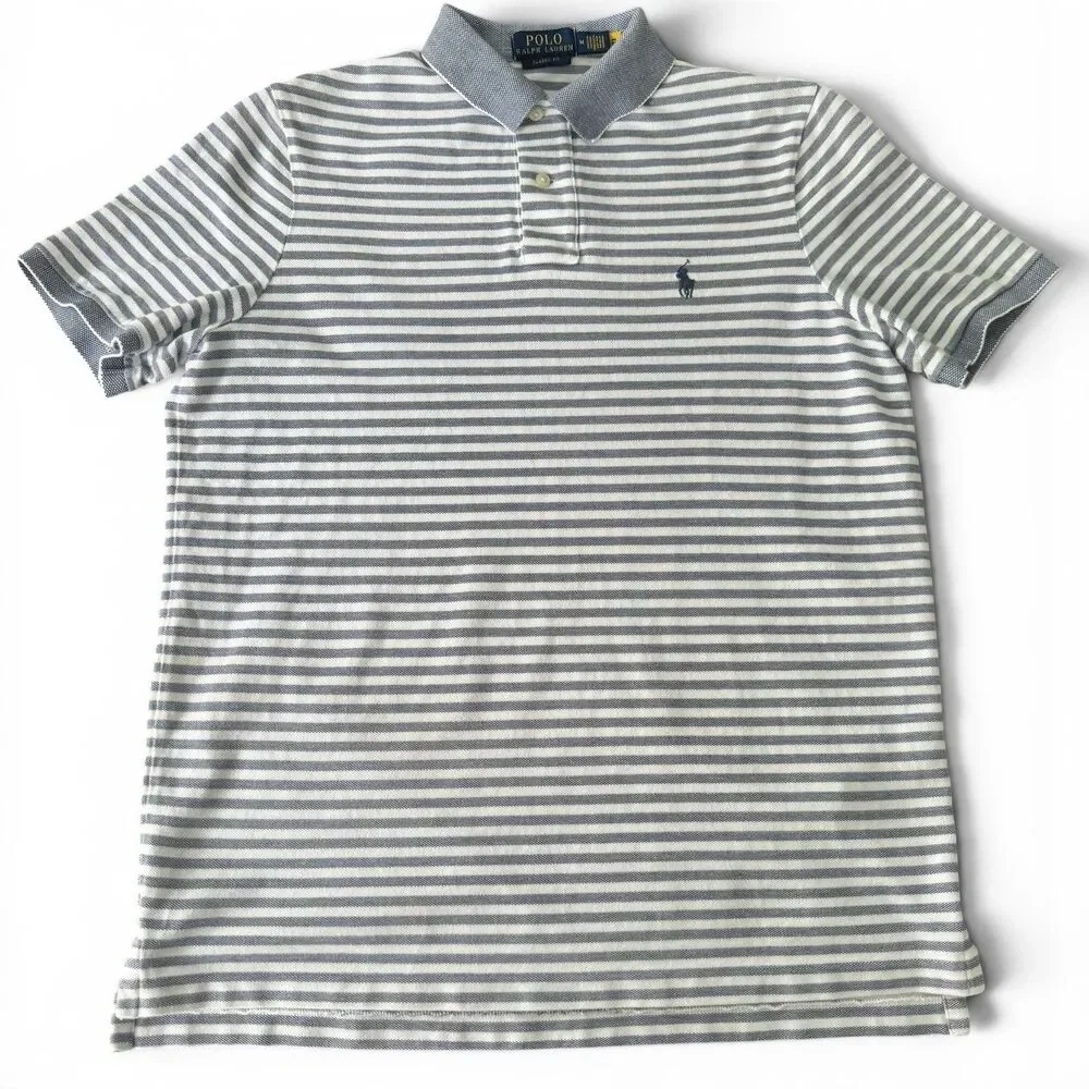Polo Ralph Lauren Classic Fit Polo Men Medium White Gray Striped Cotton Shirt